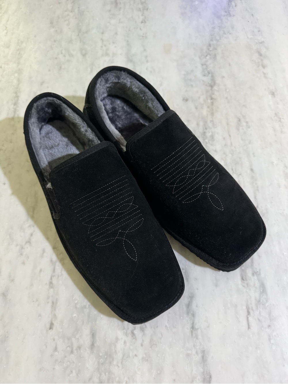 SOLD Cowboy boot inspired Men's Black Suede Slip-On Fur-Lined Shoes size 11-12